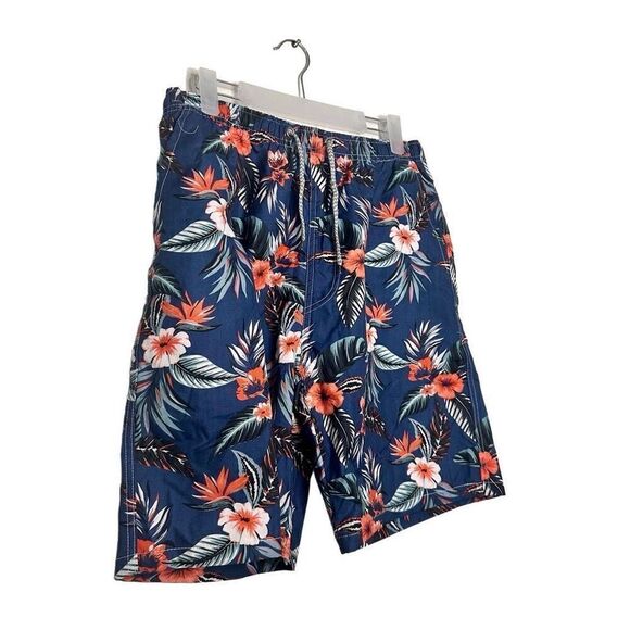 Aloha Elastic Waist Drawstring Floral Hawaiian Swim Board Shorts Blue Medium - Picture 2 of 3